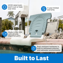 Kids Hammerhead Flip Seat Built to Last — gray hammerhead seat on pool coping with UV20 resin, rust-resistant hardware, 3-year warranty, and Made in USA callouts