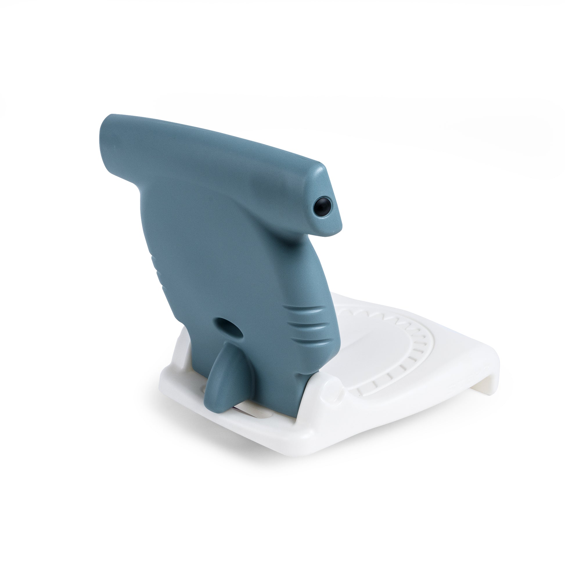 Back-left view of Kids Hammerhead Flip Seat in gray upright — smooth back of hammerhead backrest with fin and eye visible, on white background