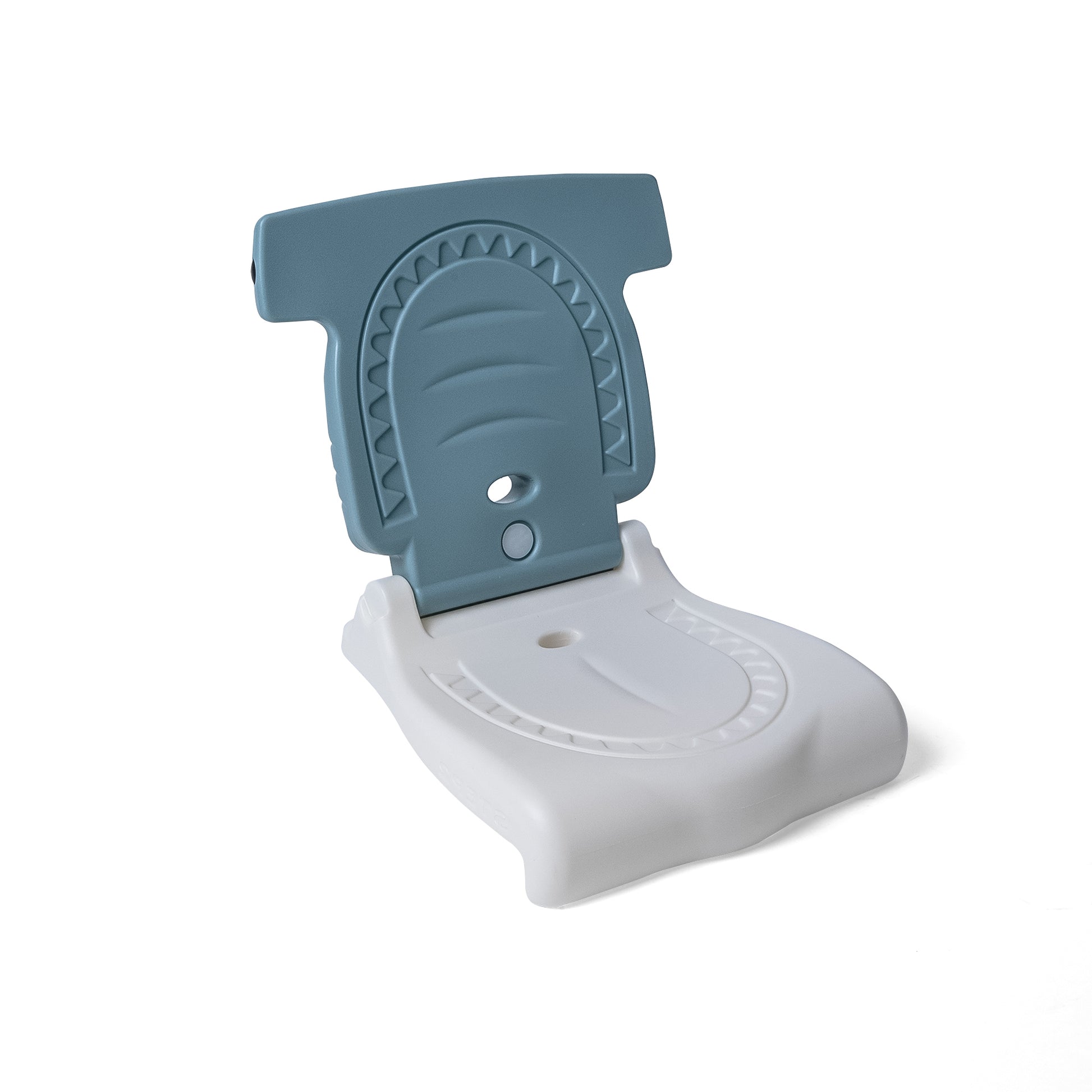 Kids Hammerhead Flip Seat in gray product shot — shark head backrest with teeth detail and eye cutout, hinged to white seat, on white background