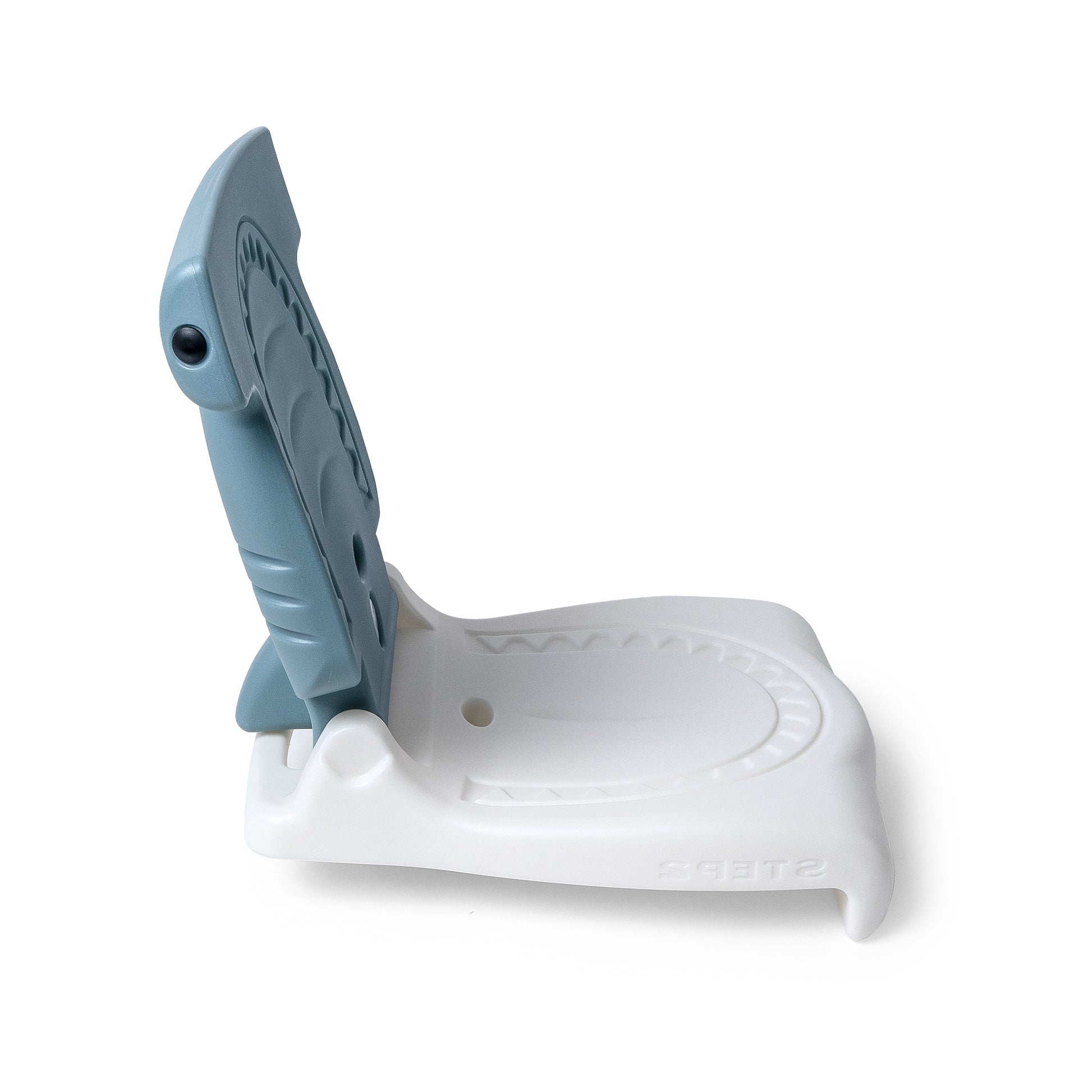 Right side view of Kids Hammerhead Flip Seat in gray upright — tall hammerhead backrest, white seat, and hinge joint visible, on white background