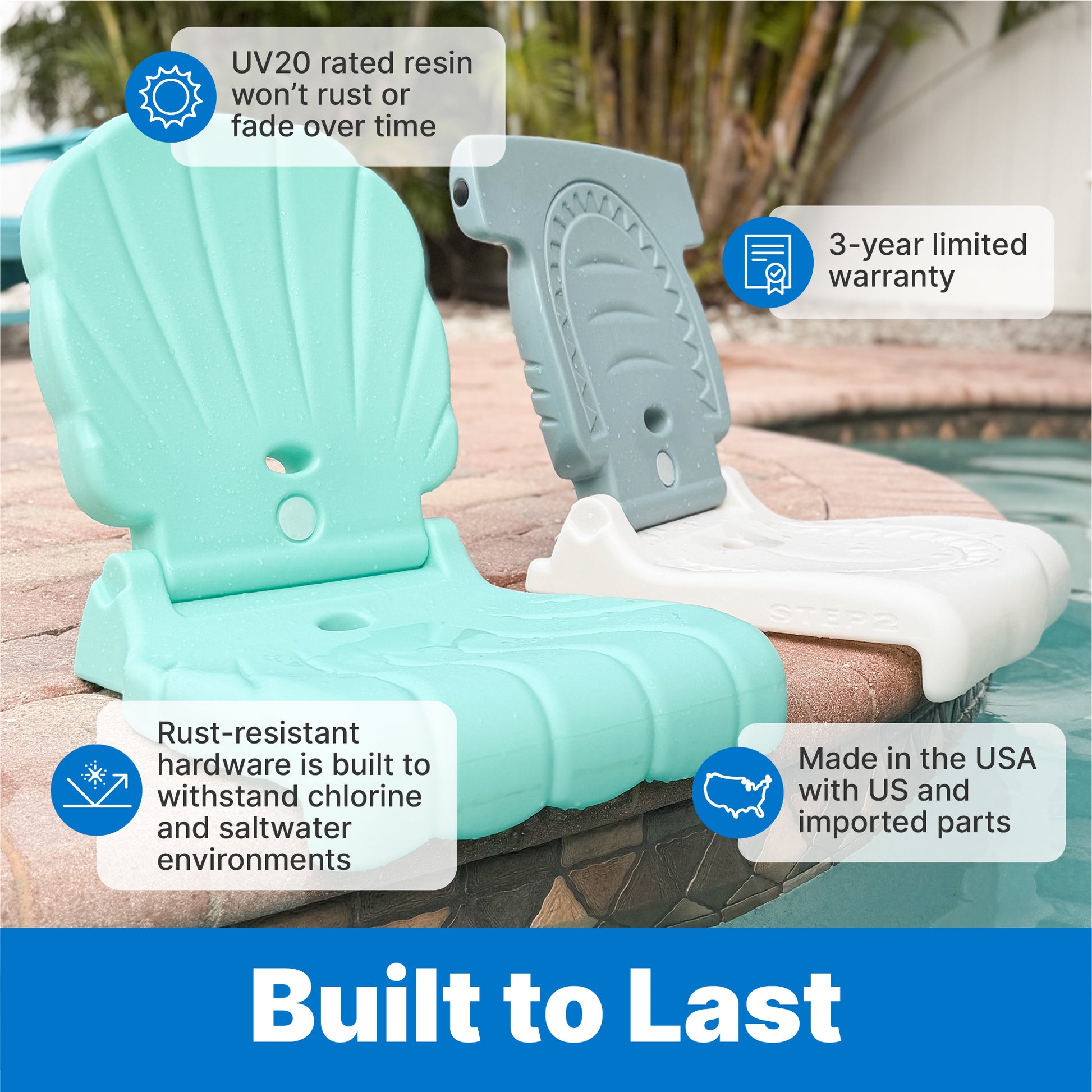 Kids Seashell Flip Seat Built to Last — teal and gray flip seats at pool with UV20 resin, rust-resistant hardware, 3-year warranty, and Made in USA callouts