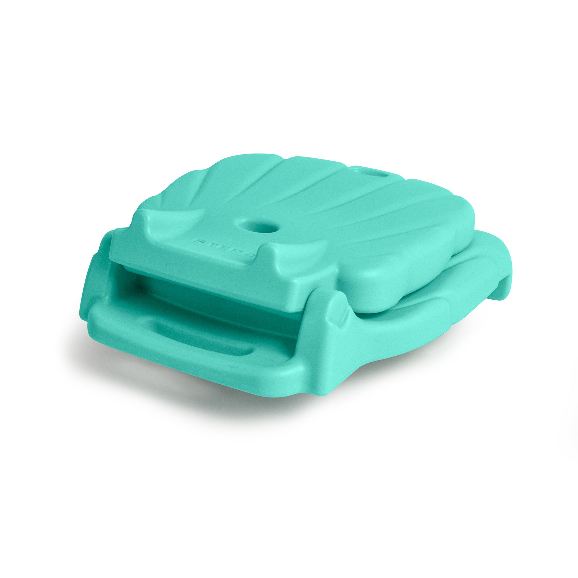 Kids Seashell Flip Seat in teal folded closed — compact flat form, front-right angle showing carry handle gap, on white background