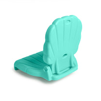Back-right view of Kids Seashell Flip Seat in teal upright — smooth exterior back of shell backrest with carry handle hole, on white background