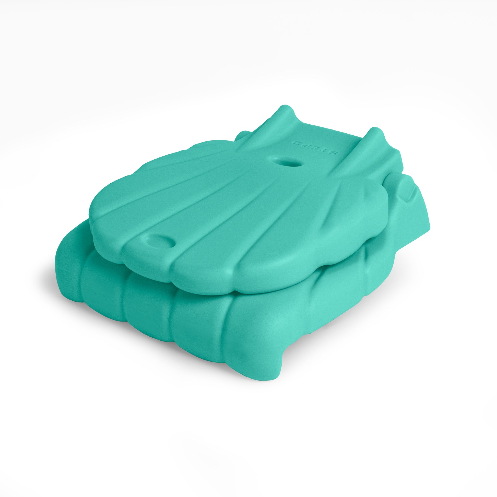 Kids Seashell Flip Seat in teal folded flat from above — both panels closed with carry handle hole visible, on white background