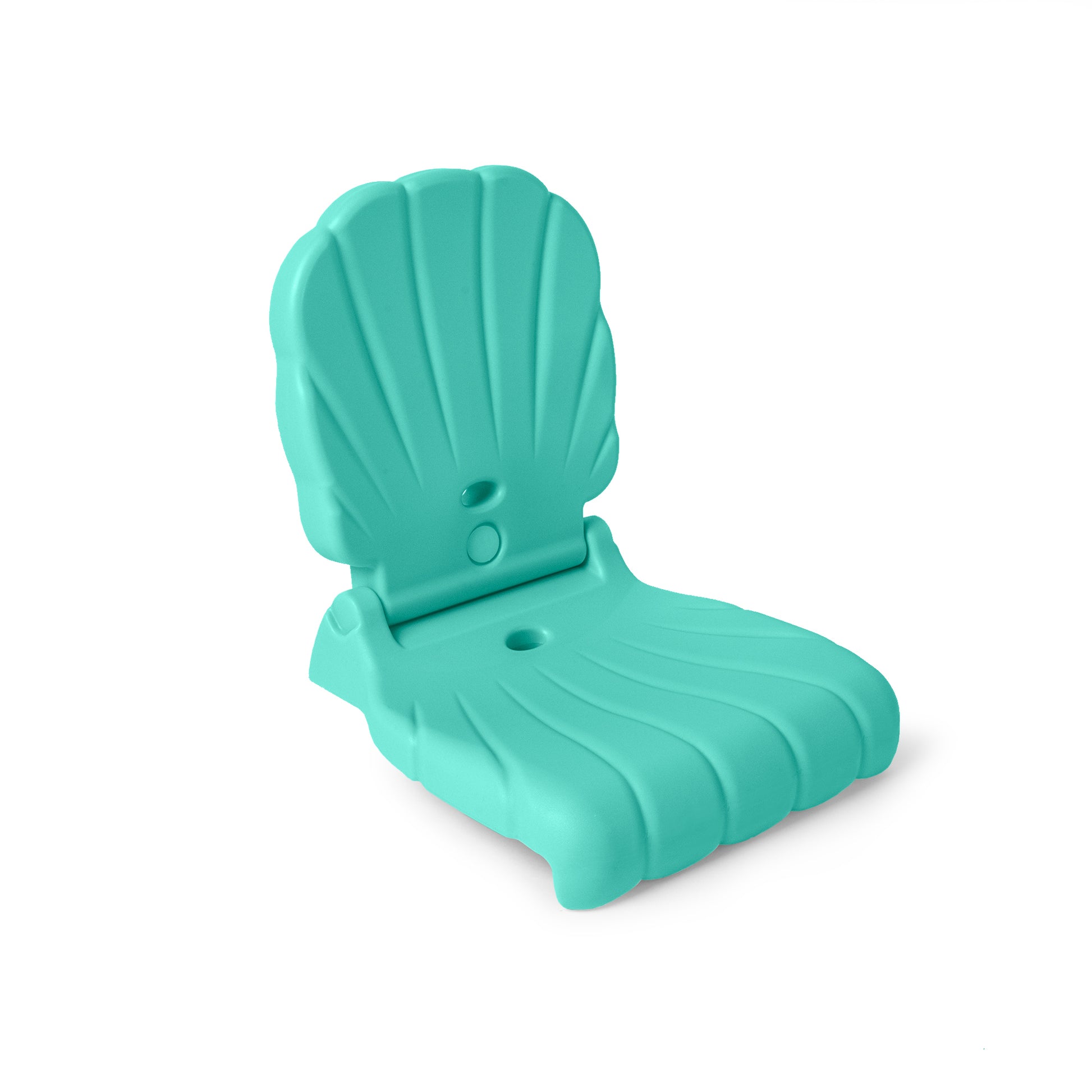 Kids Seashell Flip Seat in teal product shot — shell-shaped ribbed backrest hinged to flat seat with hinge mechanism visible, on white background
