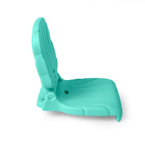 Right side view of Kids Seashell Flip Seat in teal upright — showing hinge joint, ribbed backrest, and flat seat, on white background