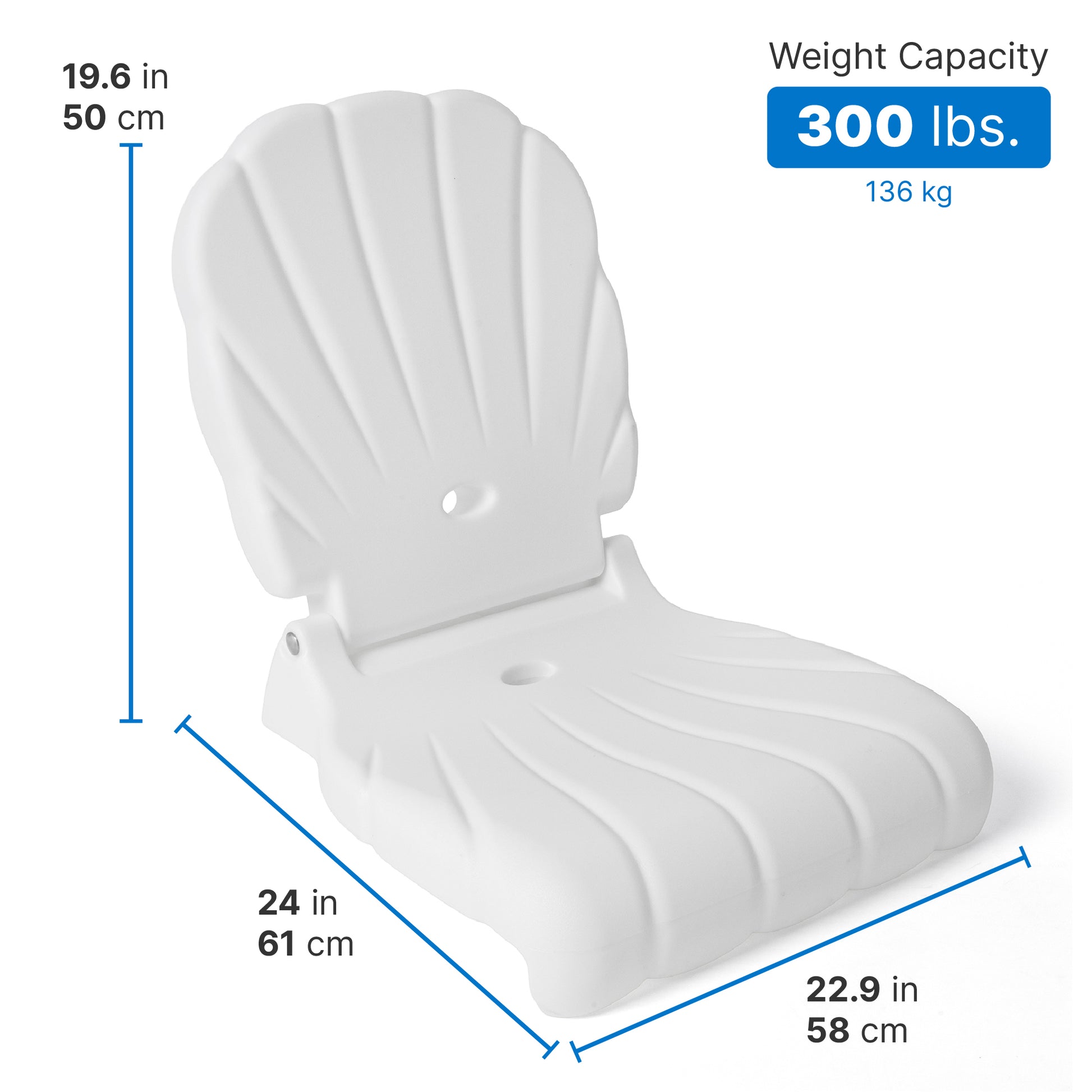 Seashell Flip Seat dimensions — 19.6 in tall backrest, 24 in deep, 22.9 in wide; Weight Capacity 300 lbs, on white background