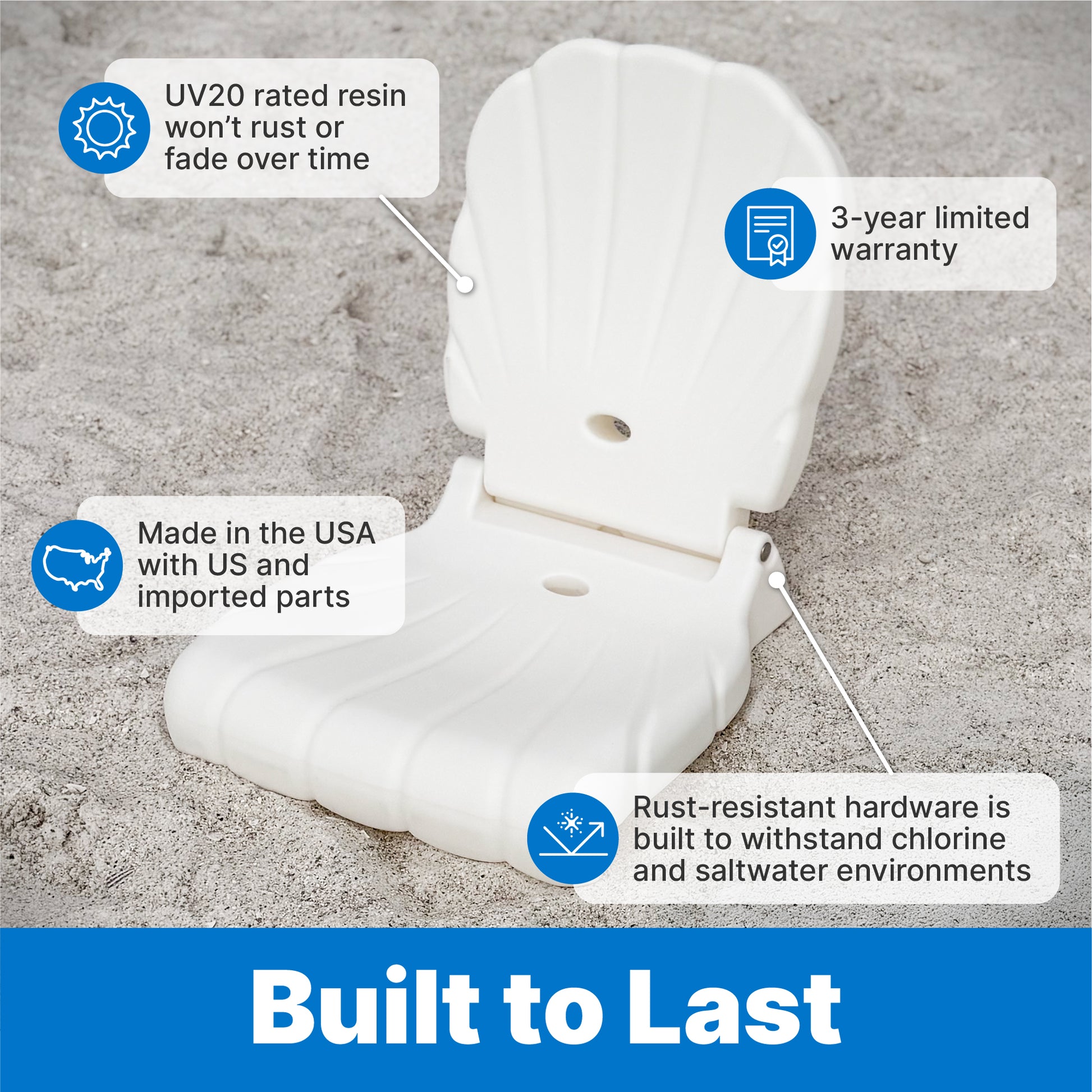 Seashell Flip Seat Built to Last — white adult seat folded flat with UV20 resin, 3-year warranty, Made in USA, and rust-resistant hardware callouts