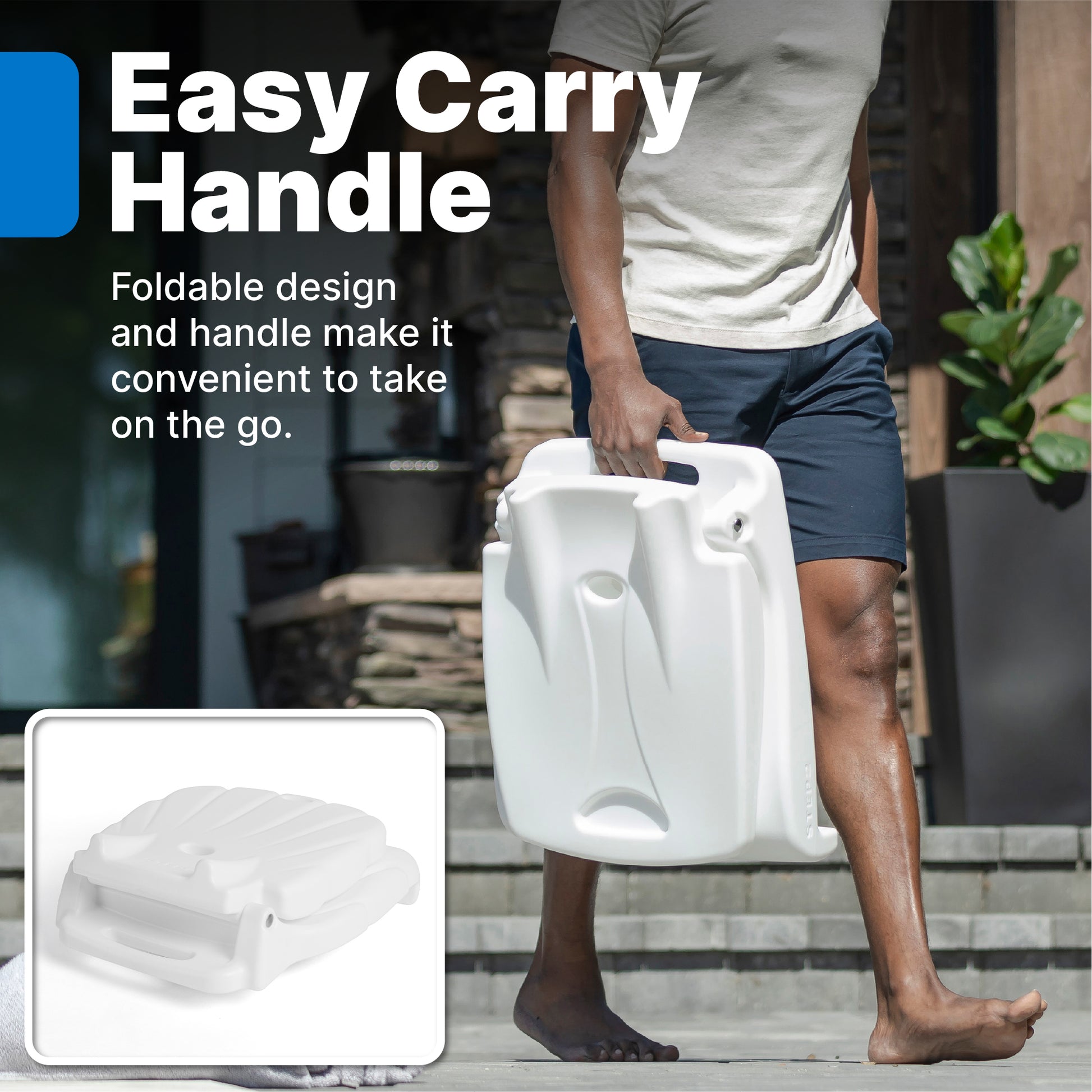 Seashell Flip Seat Easy Carry Handle — man walking down steps carrying folded white adult seashell seat by handle