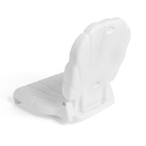Rear view of Seashell Flip Seat in white upright — smooth back of shell backrest with carry handle hole and hinge at base, on white background