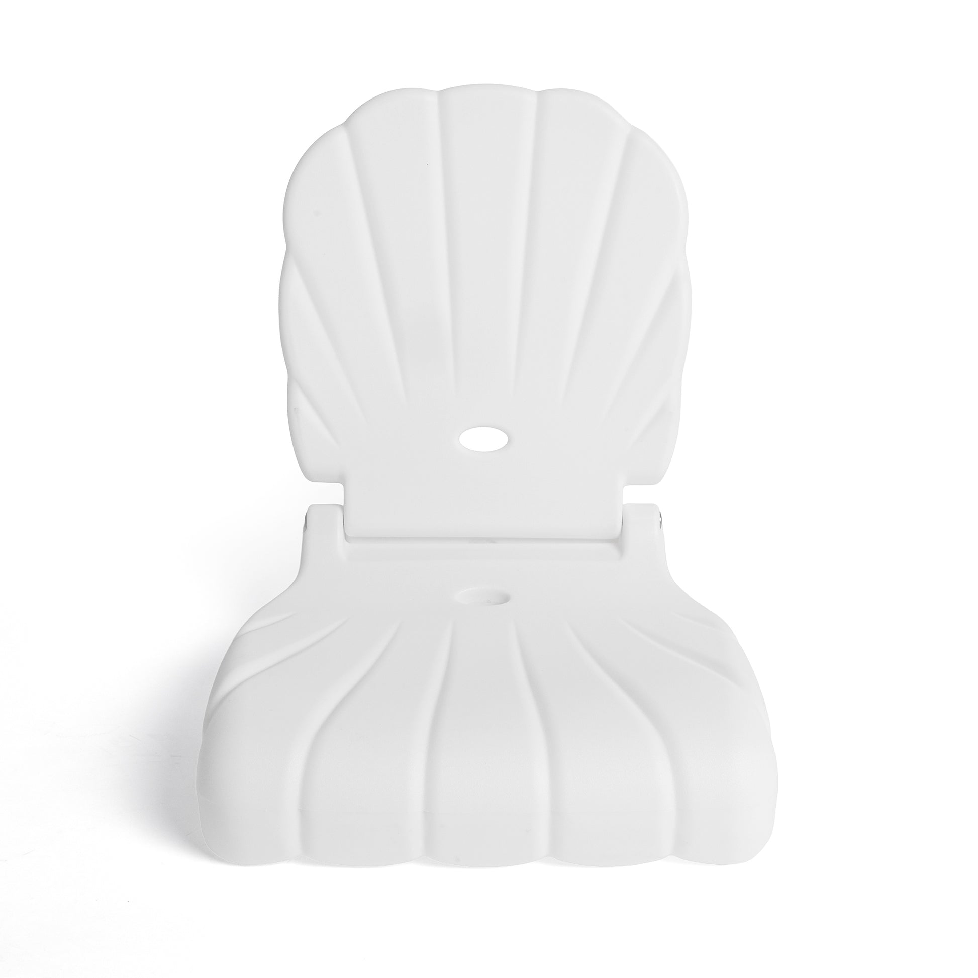 Front view of Seashell Flip Seat in white upright — full shell fan backrest with ribbing, carry hole, hinge, and ribbed seat below, on white background