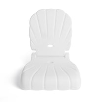Front view of Seashell Flip Seat in white upright — full shell fan backrest with ribbing, carry hole, hinge, and ribbed seat below, on white background