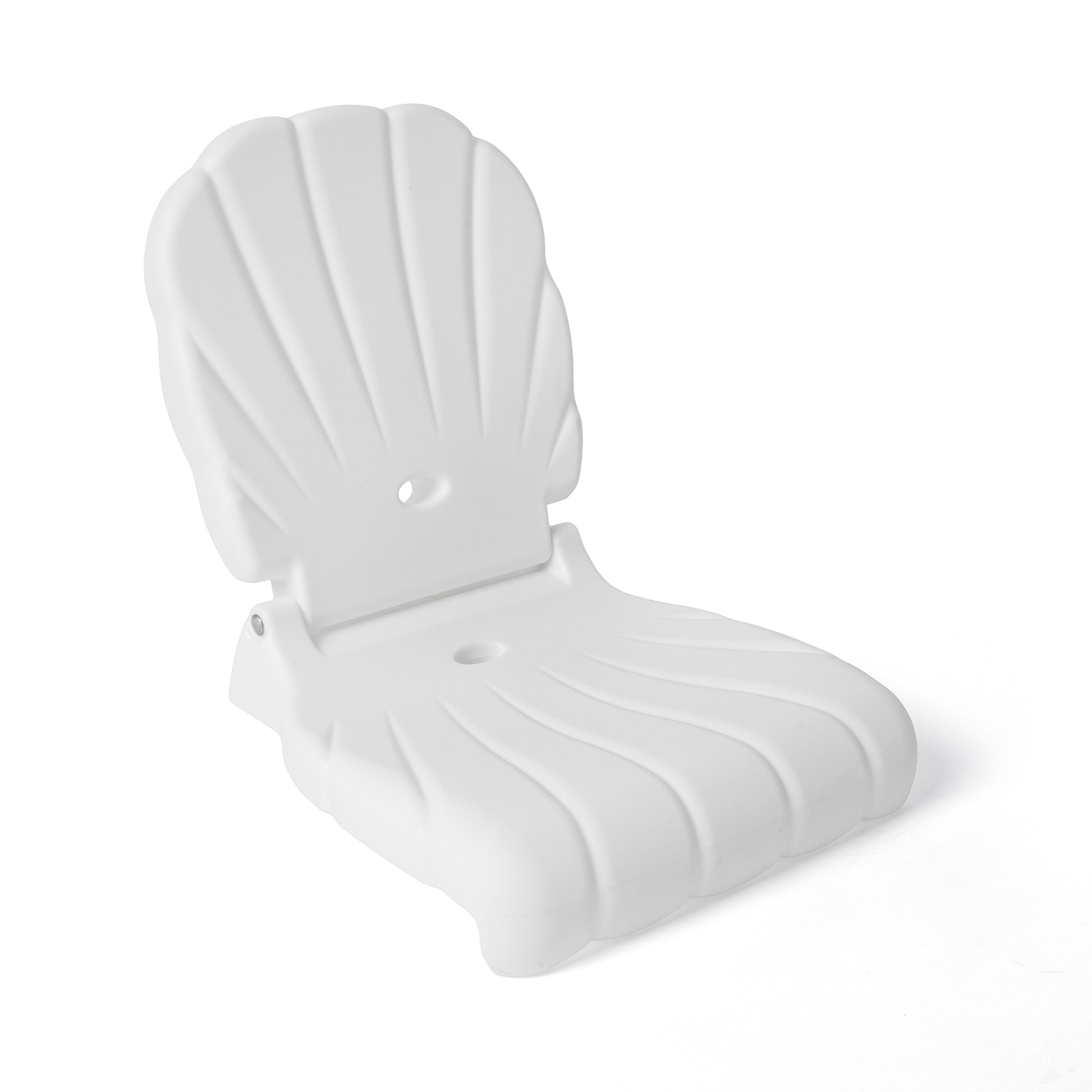 Seashell Flip Seat in white product shot — fan-shaped shell backrest with ribbed lines and oval carry hole, hinged to ribbed seat, on white background