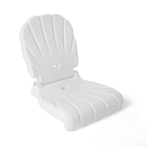 Seashell Flip Seat in white product shot — fan-shaped shell backrest with ribbed lines and oval carry hole, hinged to ribbed seat, on white background