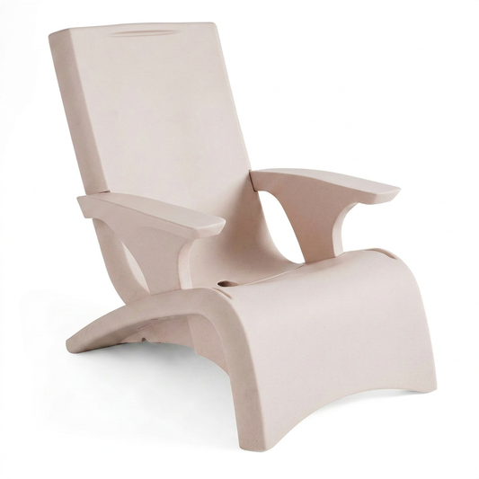 Sandy/Driftwood Vero Adirondack Chair™ — 3/4 front-left view on dark gray/charcoal background; shows sculptural curved seat, tall backrest, and flat-top armrests