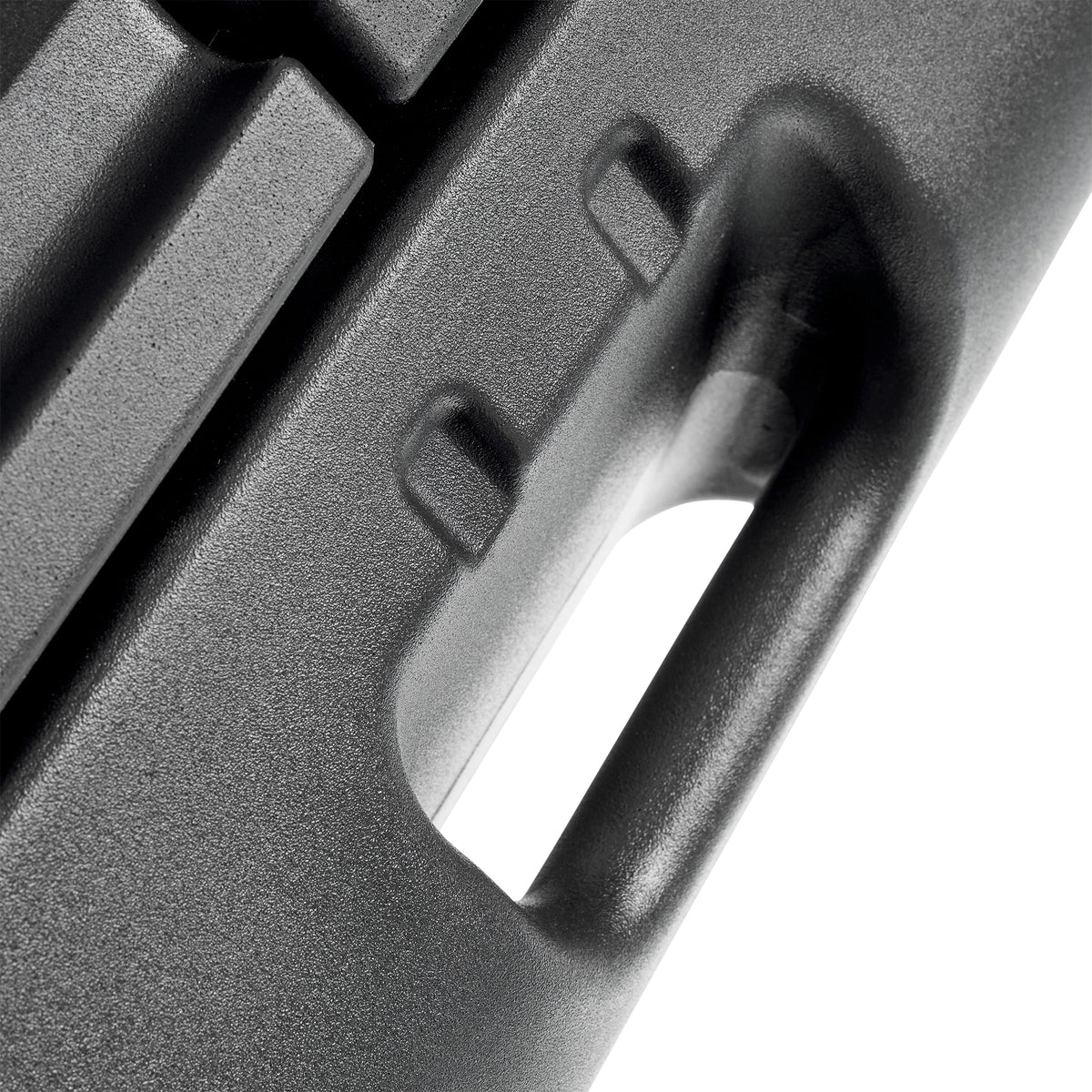 Close-up of EverTough Composter underside frame bracket and curved black plastic support arm