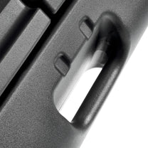 Close-up of EverTough Composter underside frame bracket and curved black plastic support arm