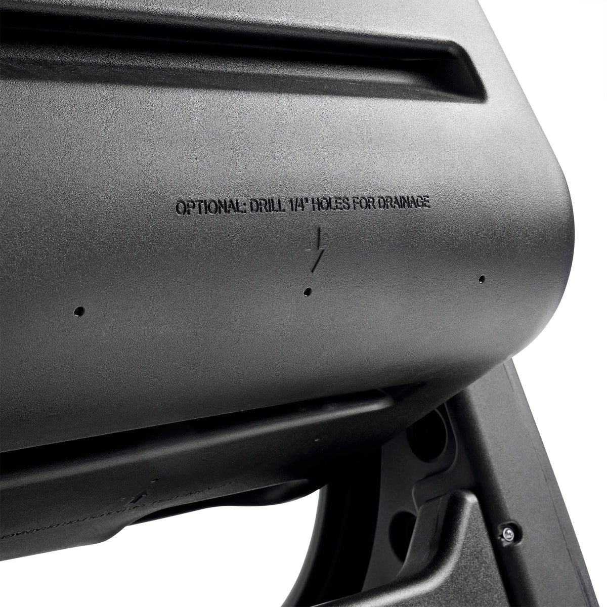 Close-up of EverTough Composter outer barrel with embossed text showing optional drainage hole instructions