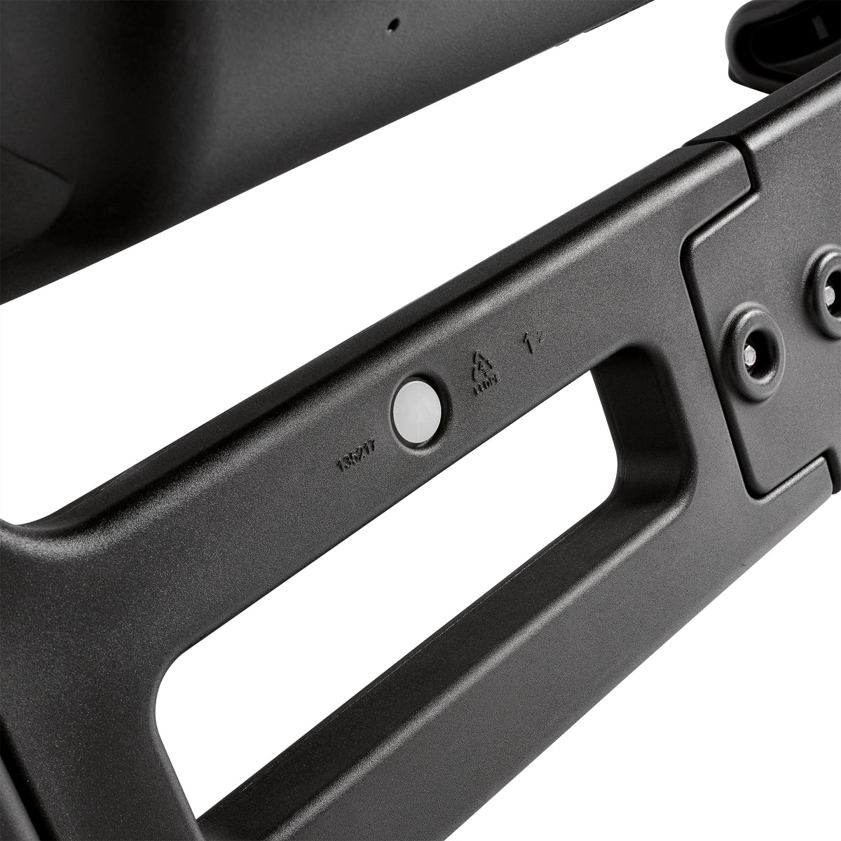 Close-up of EverTough Composter frame rail showing model number, recycling symbol, and latch hardware