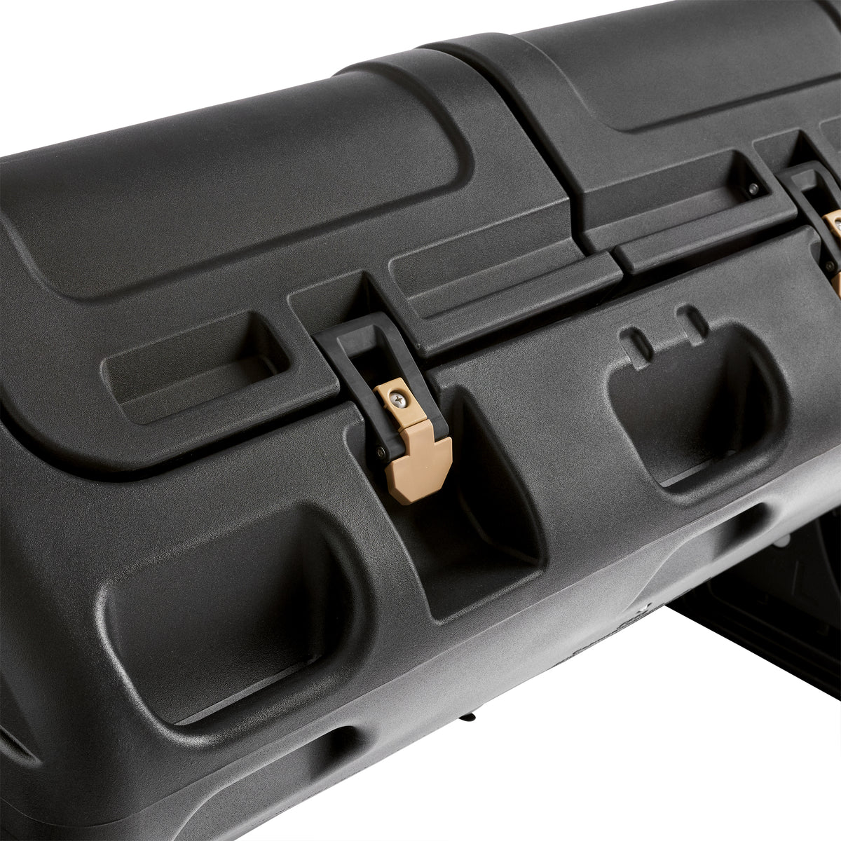 Close-up of EverTough Composter top hatch latch — gold-tone metal clip on black plastic door