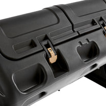 Close-up of EverTough Composter top hatch latch — gold-tone metal clip on black plastic door