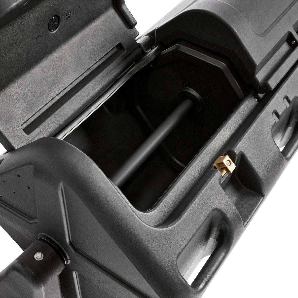 Close-up of one EverTough Composter chamber hatch open from above, showing dark interior and axle rod