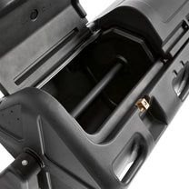 Close-up of one EverTough Composter chamber hatch open from above, showing dark interior and axle rod