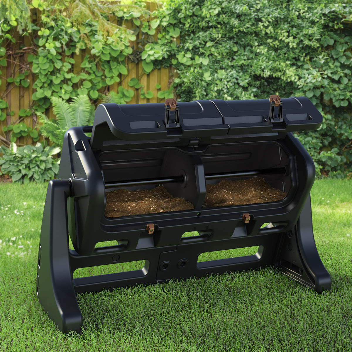 EverTough Tumbling Composter on lawn with both hatches and doors open showing dark compost inside