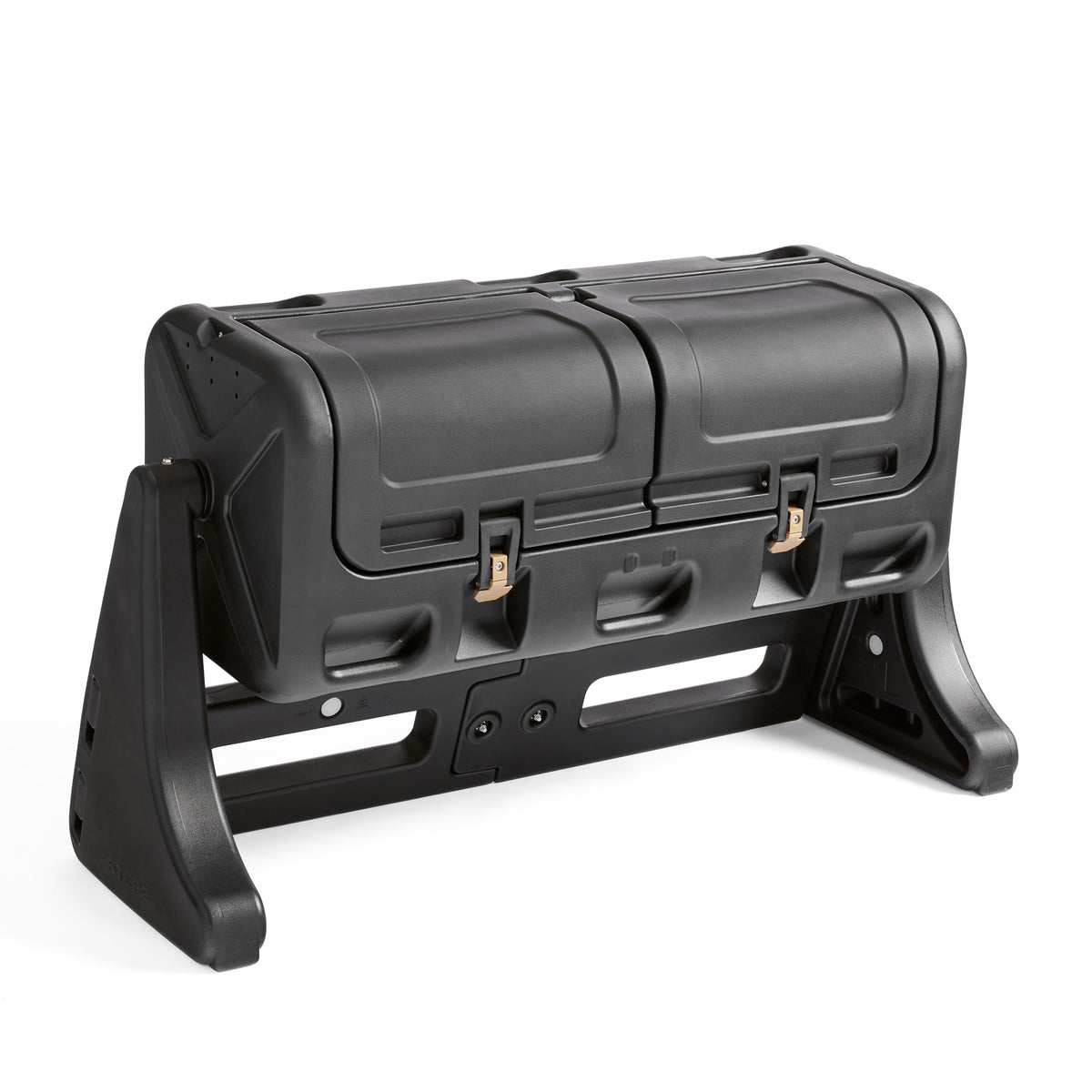 EverTough 58-Gallon Tumbling Composter — front-right angle, chambers closed with gold latches on black metal frame, on white background
