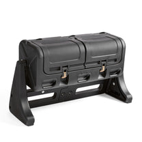 EverTough 58-Gallon Tumbling Composter — front-right angle, chambers closed with gold latches on black metal frame, on white background