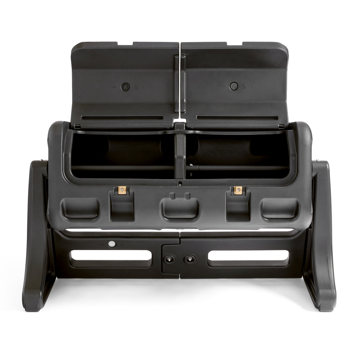 Overhead view of EverTough Composter with both hatches open showing empty chambers, gold latches, and frame