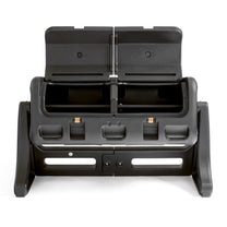 Overhead view of EverTough Composter with both hatches open showing empty chambers, gold latches, and frame