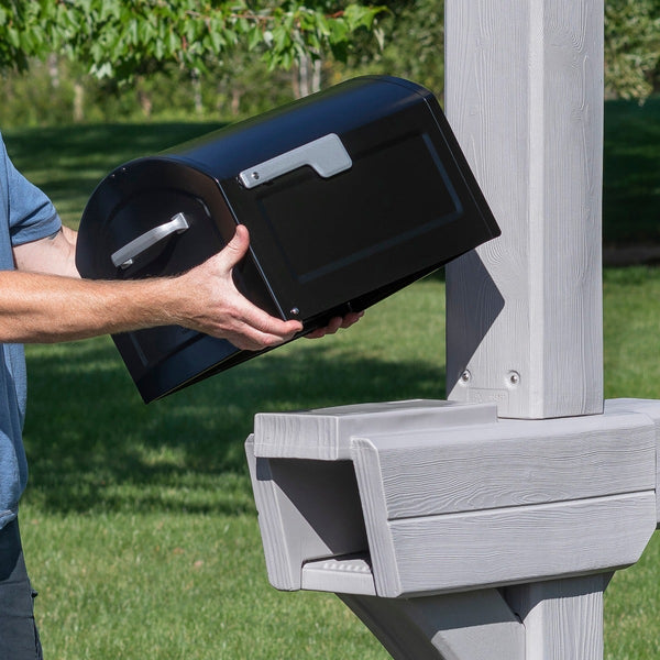 Highland Mail Post - Weathered Cedar installing small mailbox