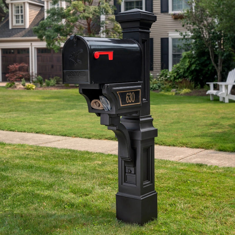 Atherton Mail Post - Onyx Black with small mailbox and address plaque