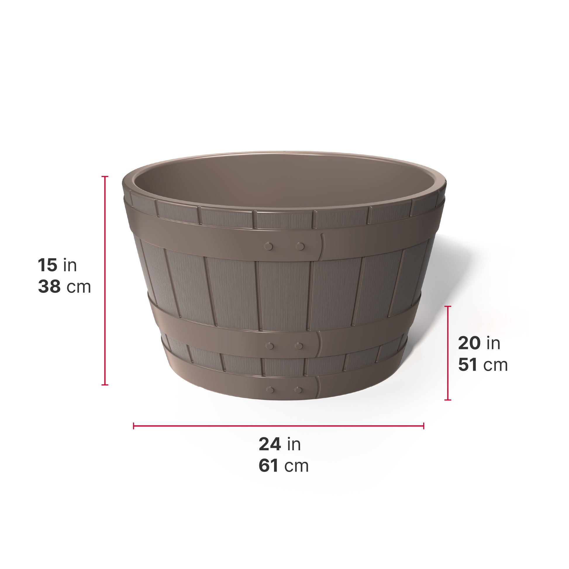 American Oak Planter™ dimensions — 15 in / 38 cm tall, 20 in / 51 cm deep, 24 in / 61 cm wide