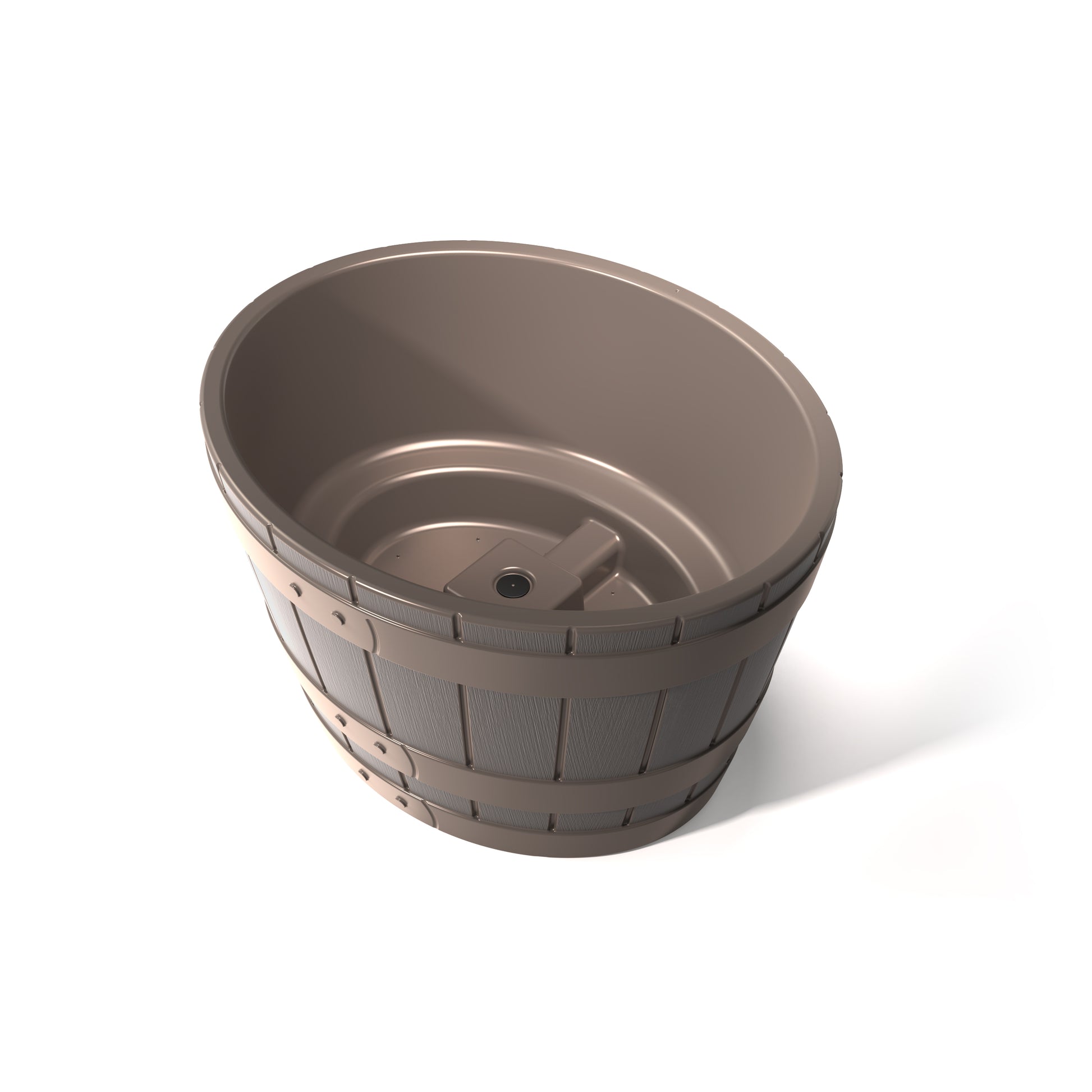 Overhead 3/4 view of American Oak Planter™ — shows open interior bowl with drainage hole and wood-plank texture exterior with decorative banding