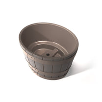 Overhead 3/4 view of American Oak Planter™ — shows open interior bowl with drainage hole and wood-plank texture exterior with decorative banding
