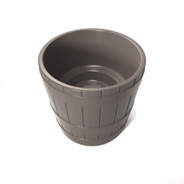 Overhead view of American Oak Planter™ from opposite angle — shows interior drainage hole and decorative molded wood-plank exterior with metal band detail