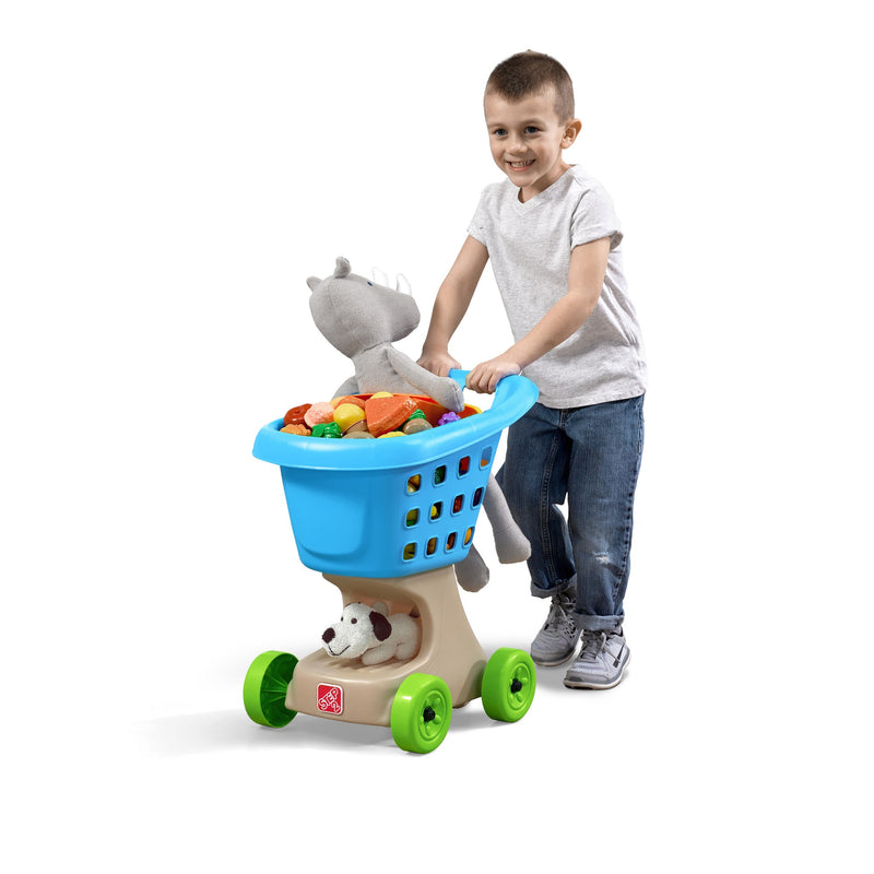 Little Helper's Shopping Cart - Blue with boy pushing cart full of groceries