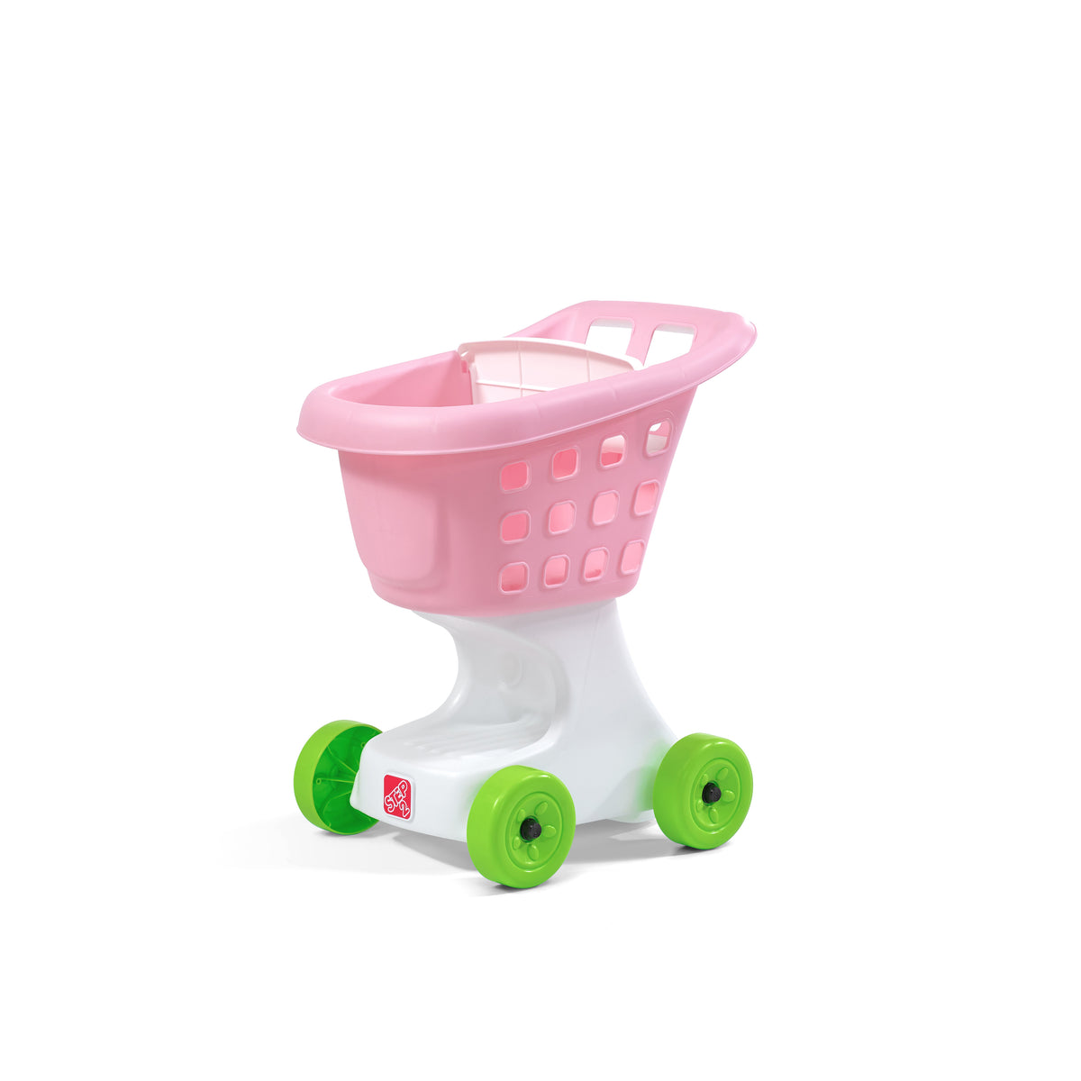 Little Helper's Shopping Cart™ pink basket on white base with green wheels — empty cart on white background