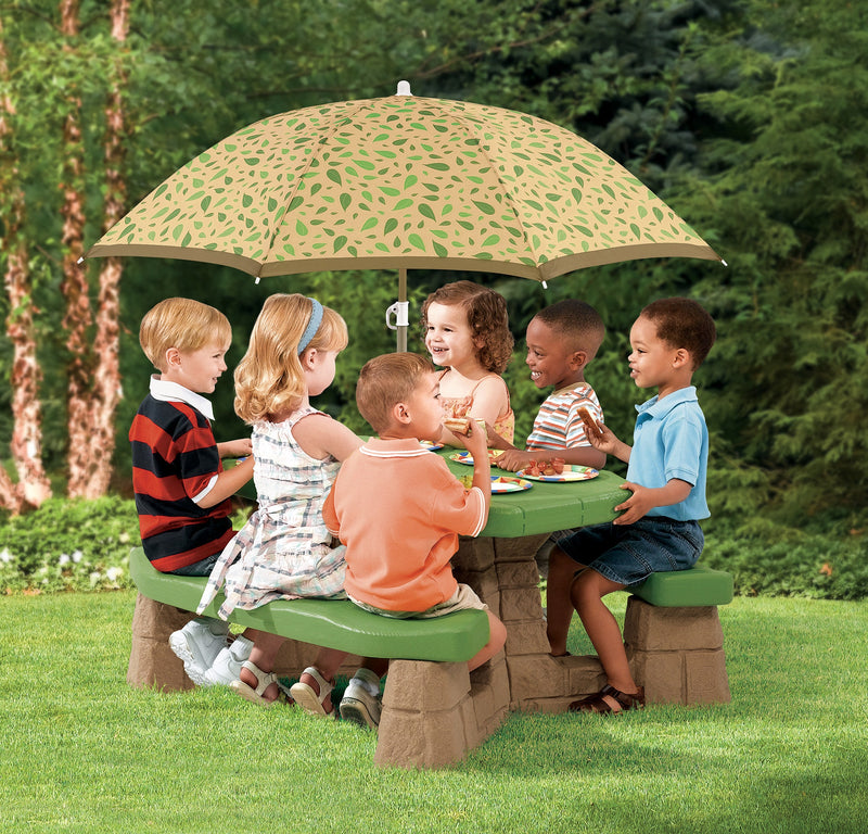 Naturally Playful™ Picnic Table with Leaf Umbrella kids eating at table
