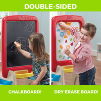 All Around Kids Art Easel For Two Red metal dry erase board and chalkboard