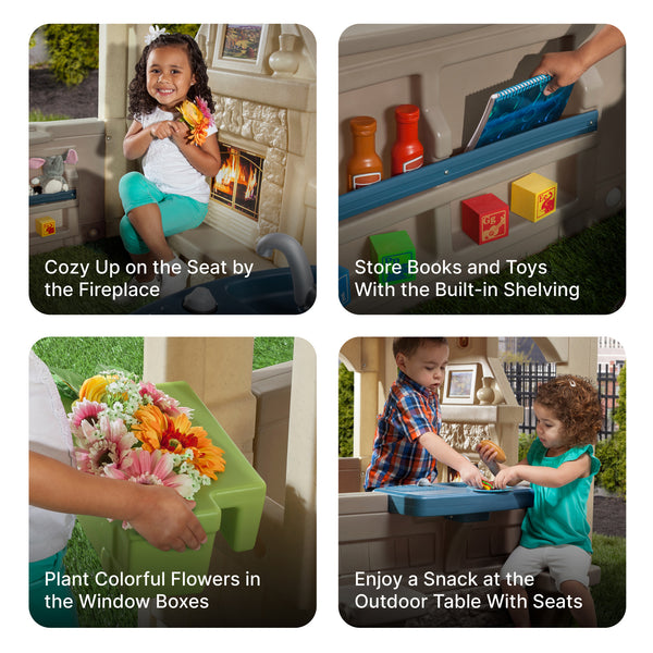 Charming Cottage™ with window boxes, built-in shelving, outdoor table with seats