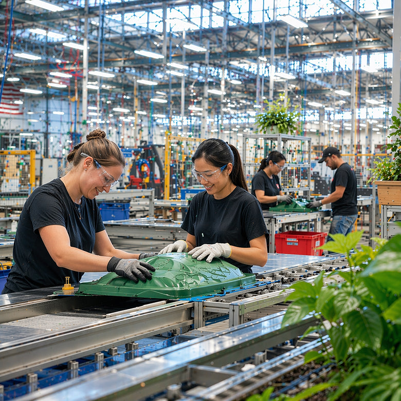Two women working on a green component in a factory setting.