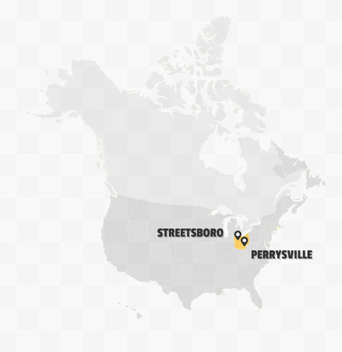 Map of the United States with Streetsboro and Perrysville labeled.