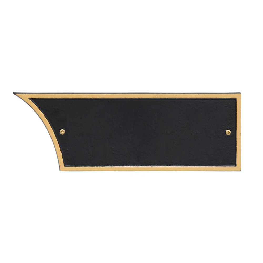 Step2 Atherton Grand Plaque Two-Line in Black/Gold — wide horizontal name plaque with diagonal cut corner, black granite-texture field, gold border frame, and two brass mounting screws; white background